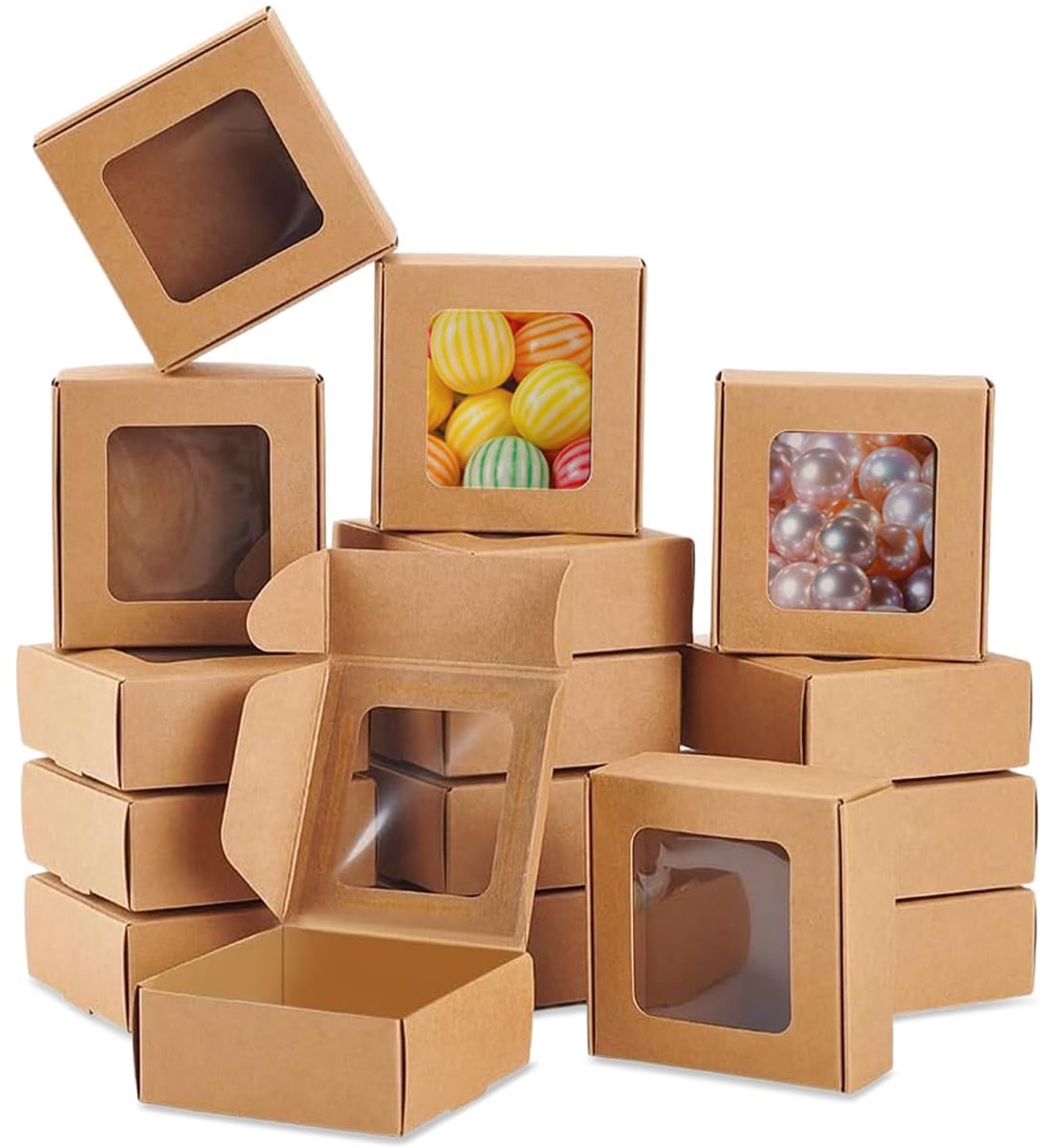 32 Stuks Bruin Kraftpapier Gebaksdozen Met Transparant Kijkvenster | Stevige kleine verpakkingsdozen voor desserts, gebakjes en kleine handgemaakte sieraden als cadeau