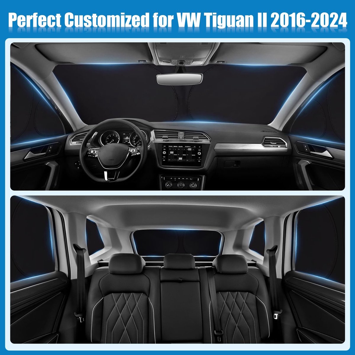 Auto Zonnescherm voor Voorruit en Zijruit voor VW Tiguan II 2016-2024, Windscherm Achterruit Zonnescherm voor Auto Ramen Verduistering, Zichtbescherming Gordijn Hittebescherming Camping