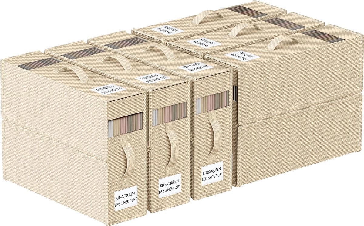 Opbergdoos voor Lakens 6 Stuks, Beddenlakenorganizer en Opslag, Bedding Storage Box, Lakenset Organizer met Rits voor Queensize of Kingsize Lakens, Beige