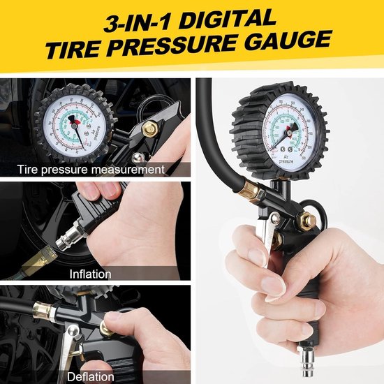 bandenspanningsmeter, 220 PSI bandenpomp, met rubberen slang, ventielgereedschap, compressoraccessoires, conversiemondstuk, adapter, geschikt voor compressor auto motorfiets fiets vrachtwagen — afbeelding 2