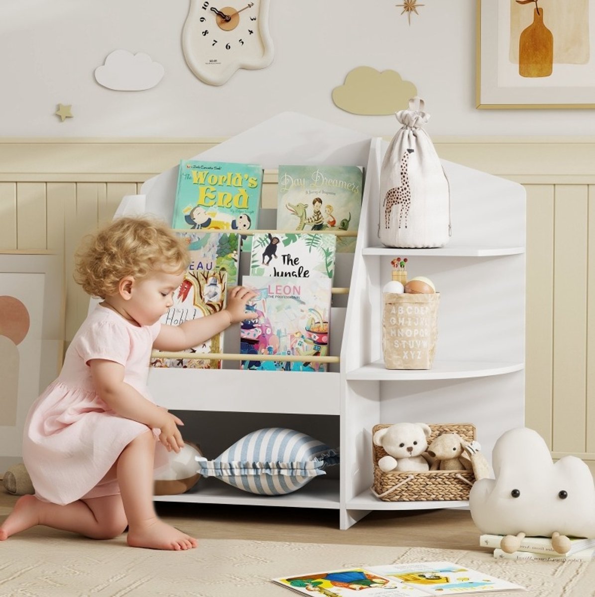 MEUNIQ Kinderboekenkast 80 x 30 x 79,7 cm met 7 open vakken, frontale boekenplanken en opbergvakken voor boeken en speelgoed, kinderkamer, wit