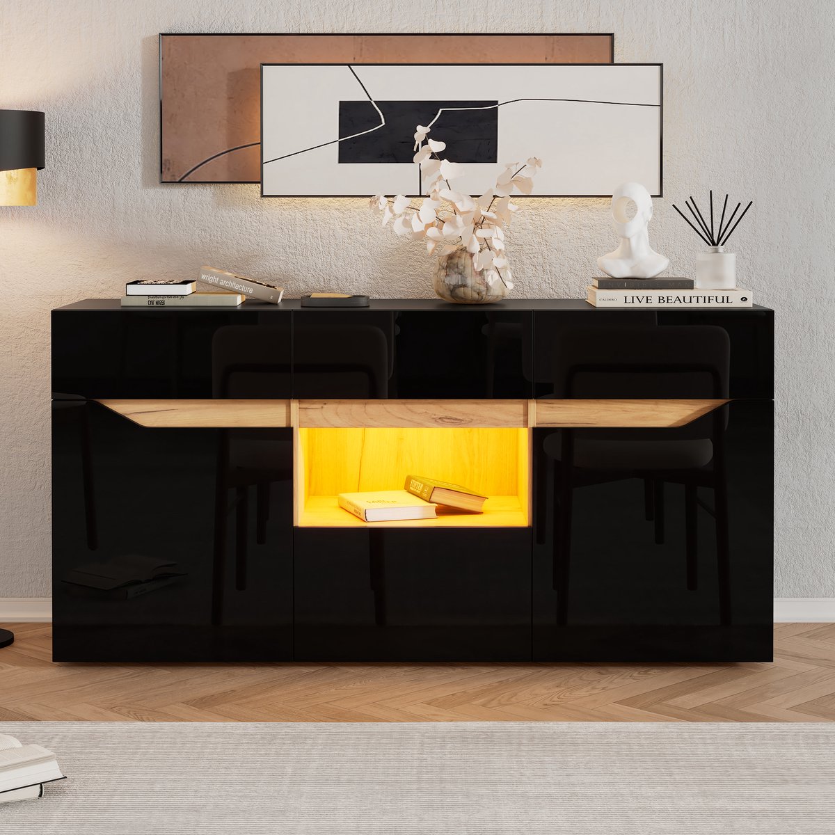 Zubaliya Sideboard met LED-sfeerverlichting - 140x40x70 cm zwart-houtlook - 4 lades, 2 kasten en open vak - App-gestuurde LED-strip, dimbaar - Hoogglans, greeploos design, draagkracht 50 kg - Geschikt voor woonkamer als tv-meubel of bijzetkast