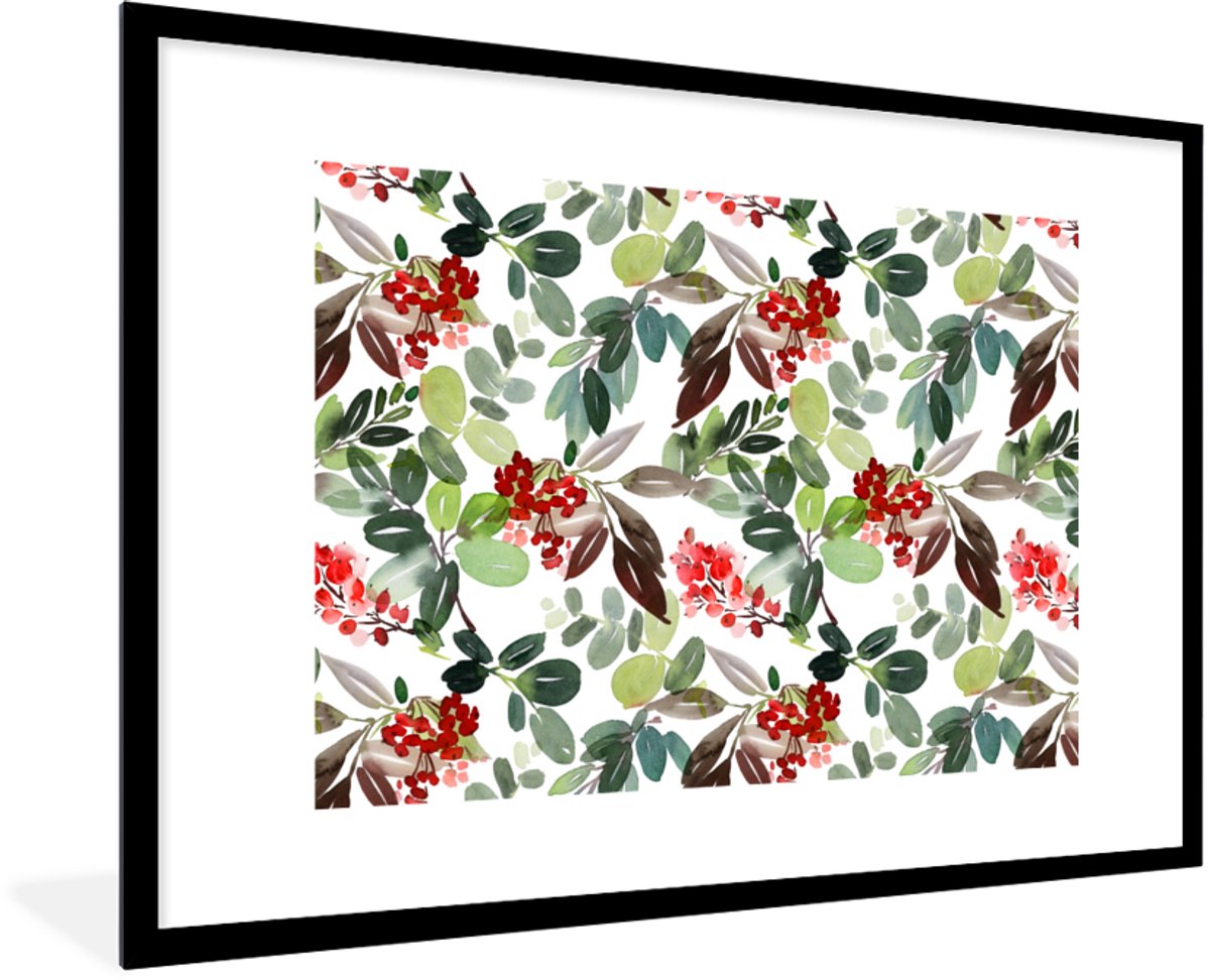 Fotolijst incl. Poster - Bessen - Kerst - Waterverf - 120x80 cm - Posterlijst - Kerstmis Decoratie - Kerstversiering - Kerstdecoratie Woonkamer - Kerstversiering - Kerstdecoratie voor binnen - Kerstmis