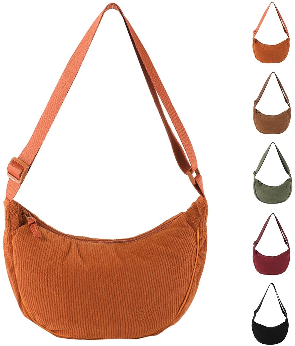 Dailygoods- Schoudertas Halve Maan - Crossbody Tas - Verstelbare Schouderriem - Corduroy - 31x16x9 cm - Geschikt voor Alle Seizoenen - Crossbody Bag