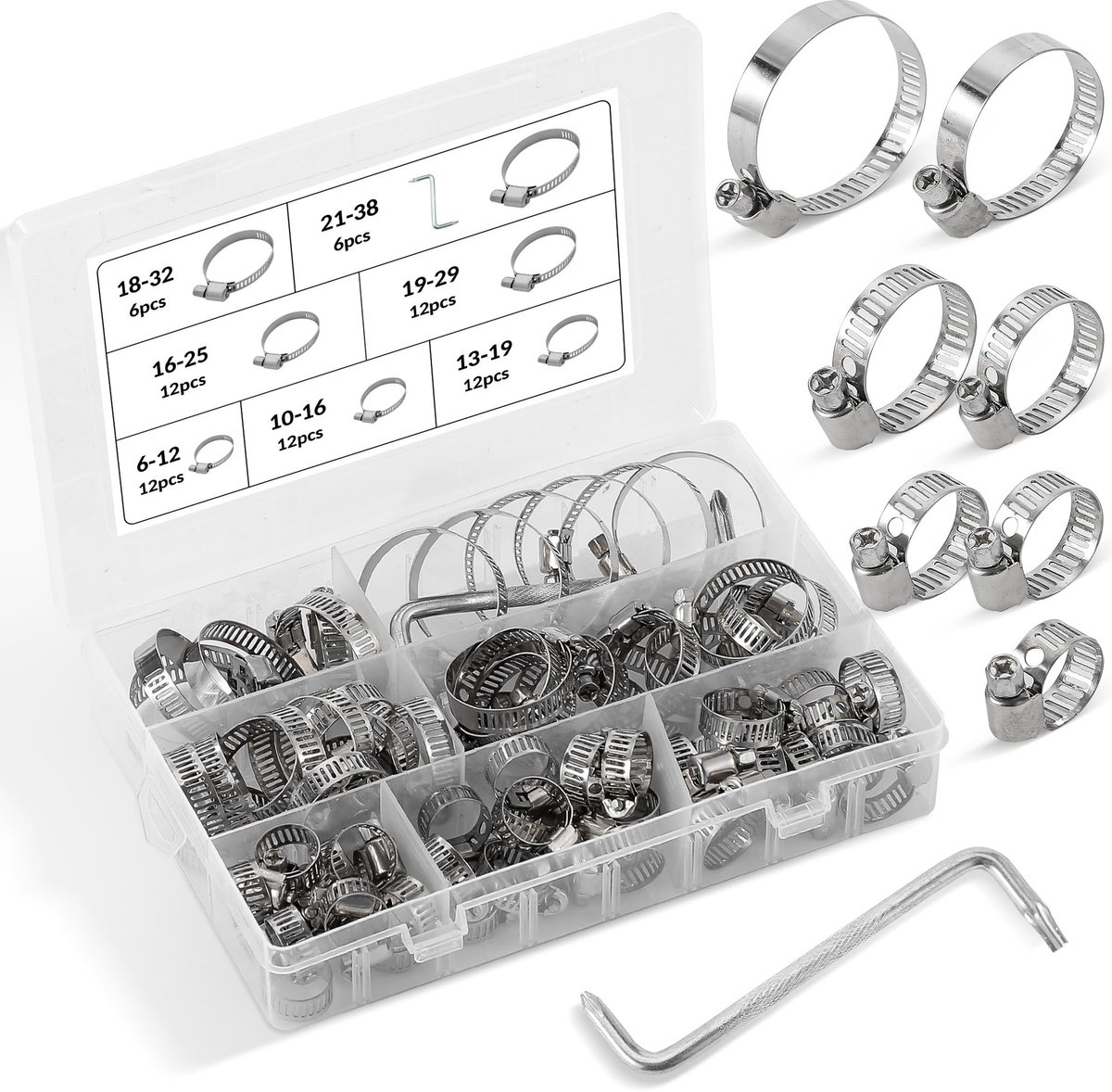 Slangklemmenset, verstelbare slangklem 6-38 mm, met schroevendraaier, assortiment roestvrijstalen pijpklemmen, verstelbare oorklemmen voor waterleidingen, autoslangen