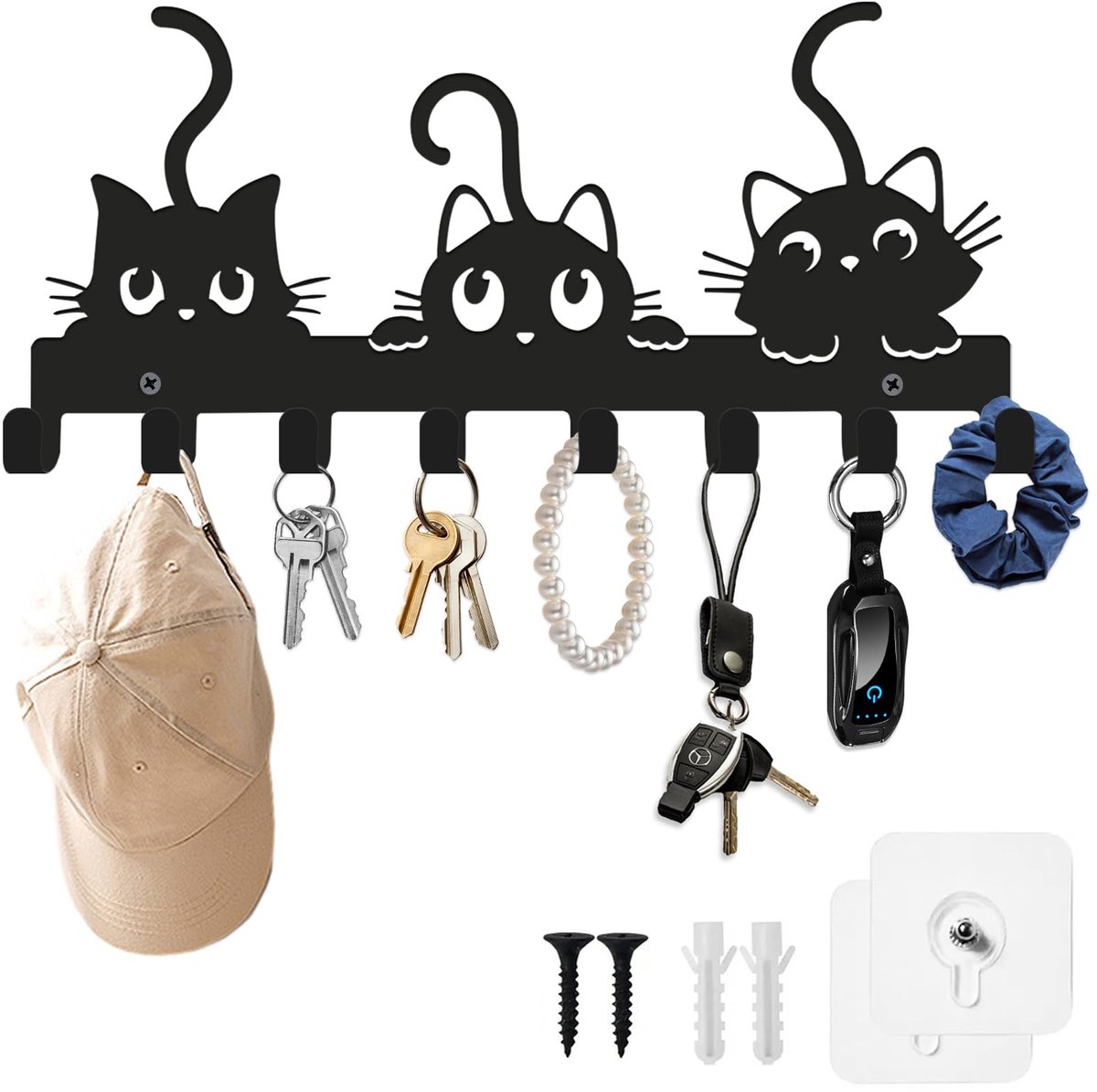 Dailygoods - Sleutelrek, modern, metalen kattenmotief, zwart, 8-haken, sleutelhouder, wandgarderobe, sleutelopslag, decoratie voor hal, entree, woonkamer, als kattendecoratie & organizer
