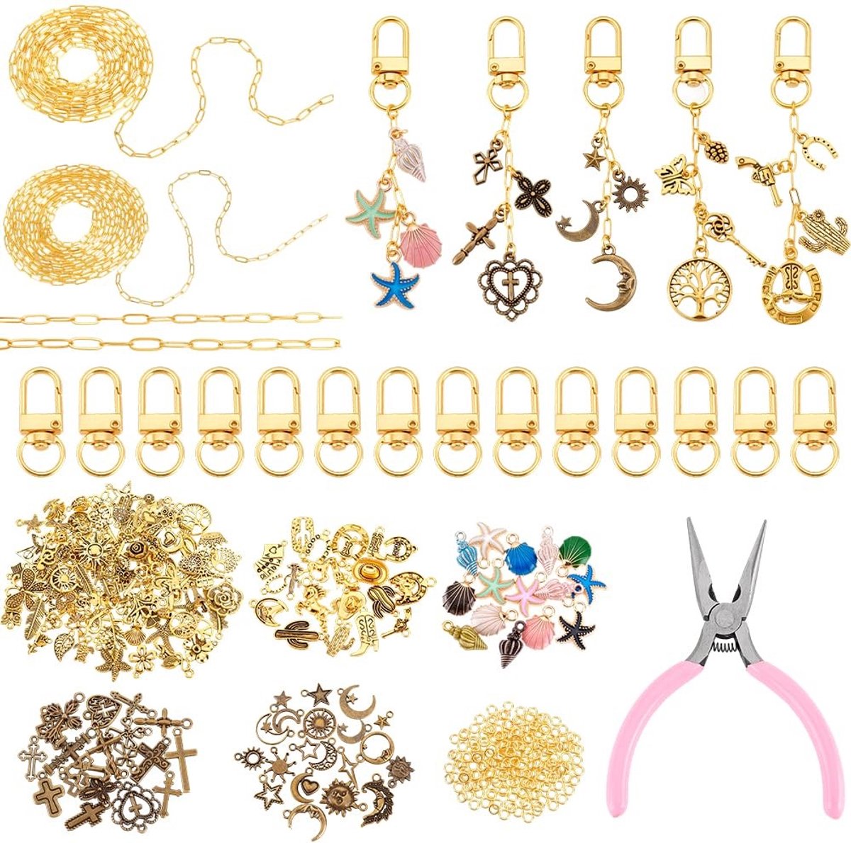 Dailygoods- Sleutelhangers 408-delige set - Draaibare clips - Kettingen voor paperclips - Verbindingsringen - Tangen voor knutselen - Metaallegering en messing - Knutselset