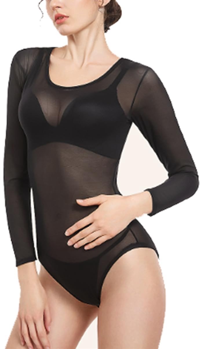 Dailygoods- Bodysuit Lange Mouwen - Stretchy Mesh - Ronde Hals - Slim Fit - Zwart - Sexy Jumpsuit - Turnpakje