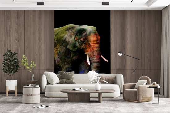 Behang - Fotobehang Olifant - Verf - Zwart - Breedte 225 cm x hoogte 350 cm