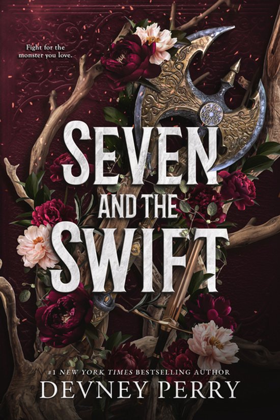 Couverture de livre avec fleurs rouges et crème, branches, une hache de combat et une épée. Titre : SEVEN AND THE SWIFT.