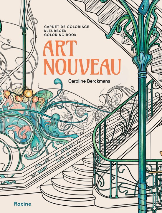 Carnet de coloriage 'Art Nouveau' par Caroline Berckmans. Ornementations art nouveau vertes et oranges sur un escalier.