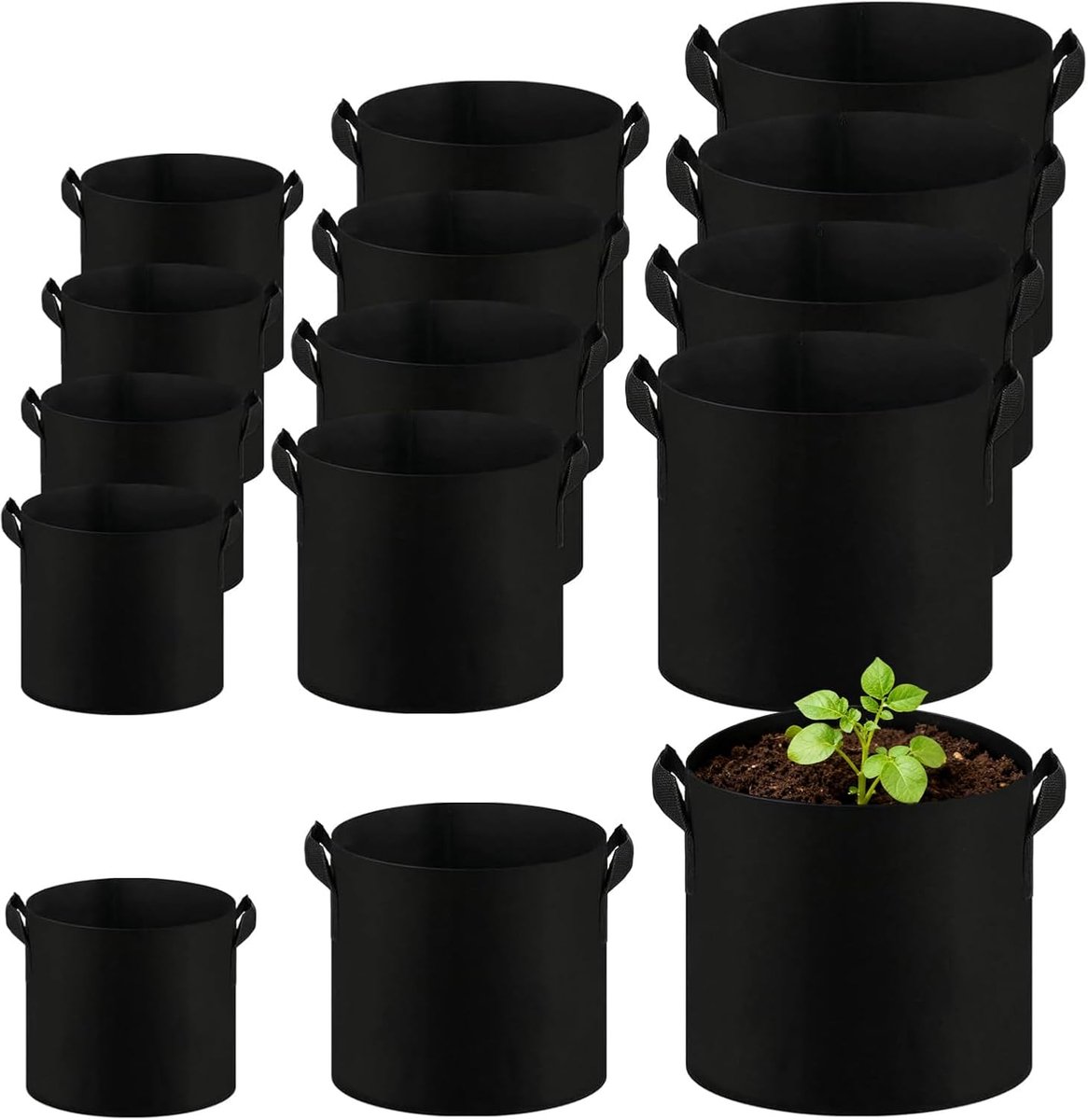 15 Stuks Stoffen Potten Set, Plantenzak Van Vliesstof, Zwart, Voor Tomaten, Aardappelen, Groenten En Bloemen, 11 L, 18 L, 27 L