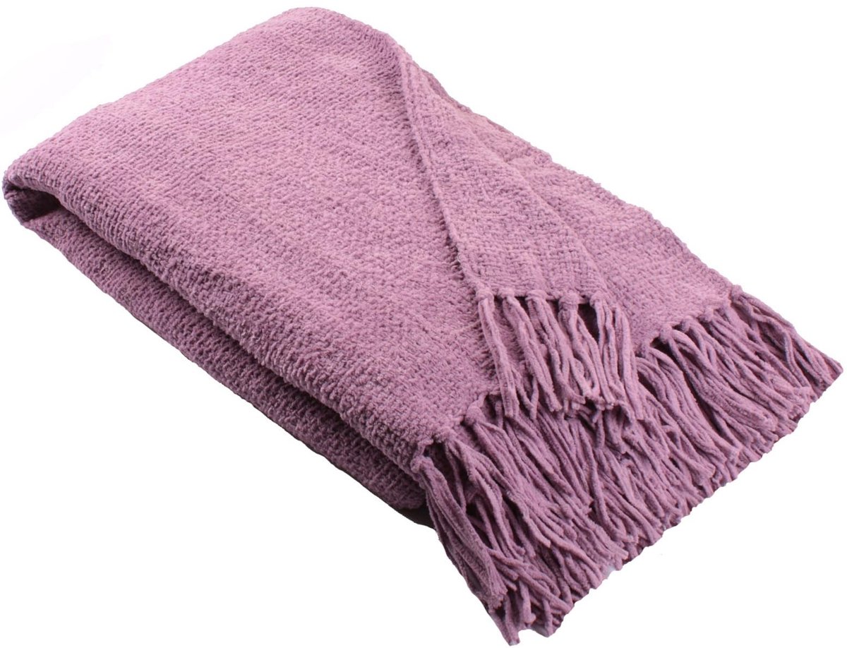 - Heather Chenille plaid/deken (130 x 180 cm) - paarse bankplaid - getextureerde plaid in paars heide - paars geweven deken - paarse gebreide deken - plaid met kwastjes - woondecoratie