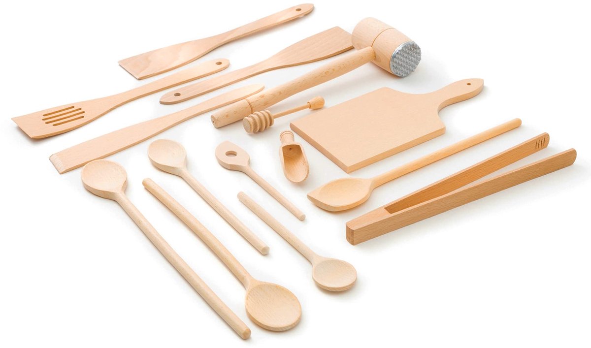 Kitchen 15-delige Keukengereedschapset Beukenhout (6x Houten Lepels 18 cm - 35 cm Lengte, 4x Spatel, Honinglepel, Grilltang, Snijplank, Vleeshamer, Kruidenlepel)