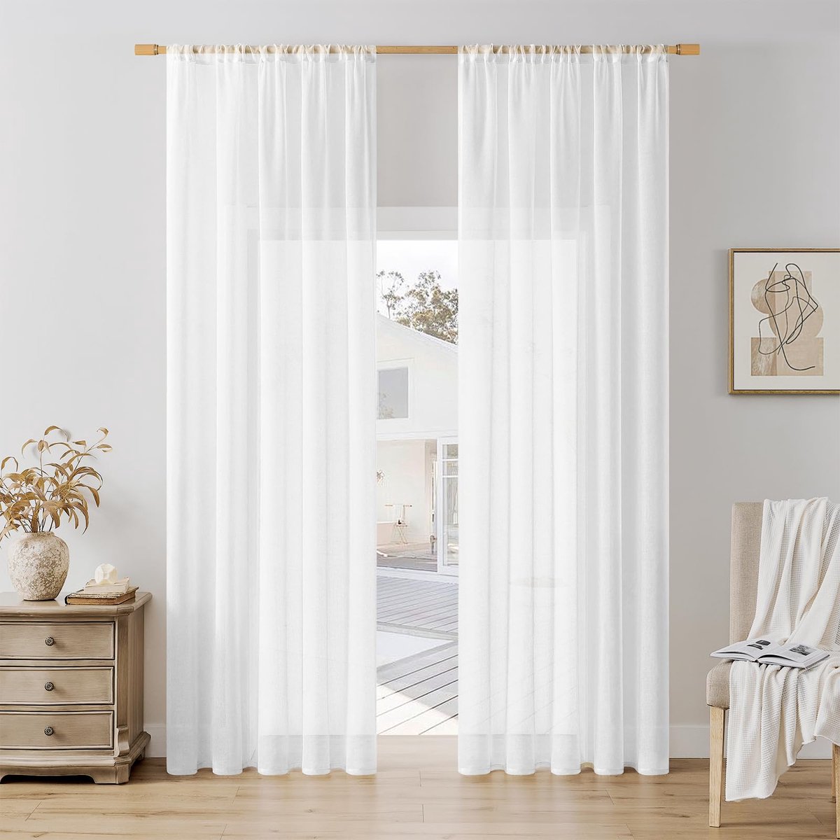 Gordijnen met roededoorvoer, wit, linnenlook, voile-gordijn, transparant, 200 cm hoog, voor slaapkamer, raamgordijn, 140 cm breed, set van 2