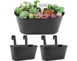 Plantenbak - 2 Stuks - Metalen Hangende Bloempotten - Balkon Plantenbakken - met Afneembare Dubbele Haken - Zwart - Ovaal Vaste Plantenbak - voor Schutting en Reling - Zonder Afvoergat