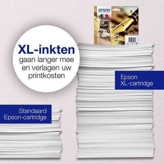 Stapel papier met Epson XL-inkten. Tekst: "XL-inkten gaan langer mee en verlagen uw printkosten".