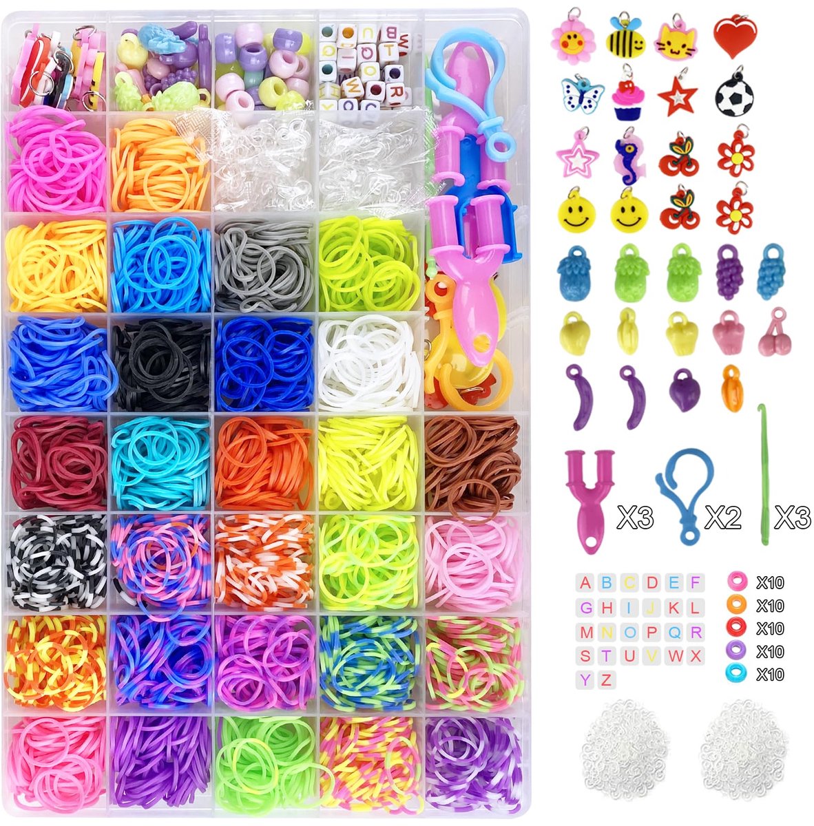 Elastiekjesset, 30 kleuren elastiekjes met clips, bedels, parels en andere accessoires voor DIY vriendschapsarmbanden maken, knutselsets, beste Halloween Kerstmis verjaardagscadeaus
