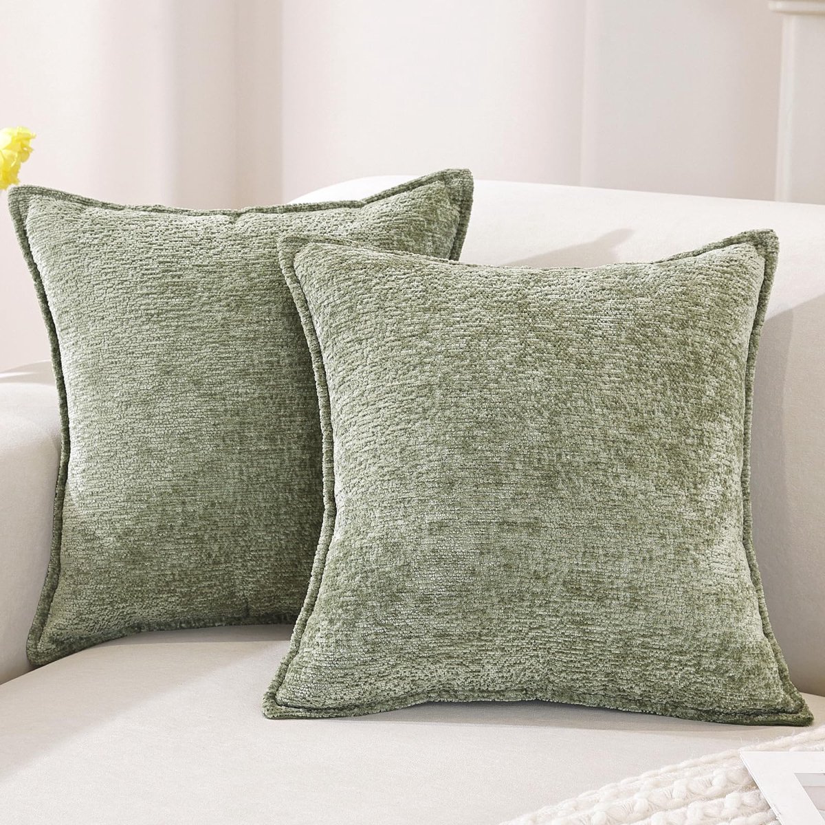 Chenille Kussenhoezen 60x60 2er Set, Zachte Decoratieve Kussenhoes, Moderne Kussensloop Met Onzichtbare Rits, Duurzaam Kussenslopen Voor Woonkamer,Bank,Slaapkamer, Saliegroen