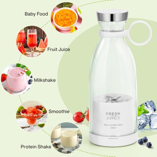 Blender - Mini blender - Blender to go -Draagbare Blender 350 ml - USB Oplaadbare Smoothie Maker - Mini Blender met 4 RVS Messen - Draadloze Sapmaker voor Shakes, Smoothies, Sport, Reizen en Kantoor - Wit van Blender — afbeelding 2