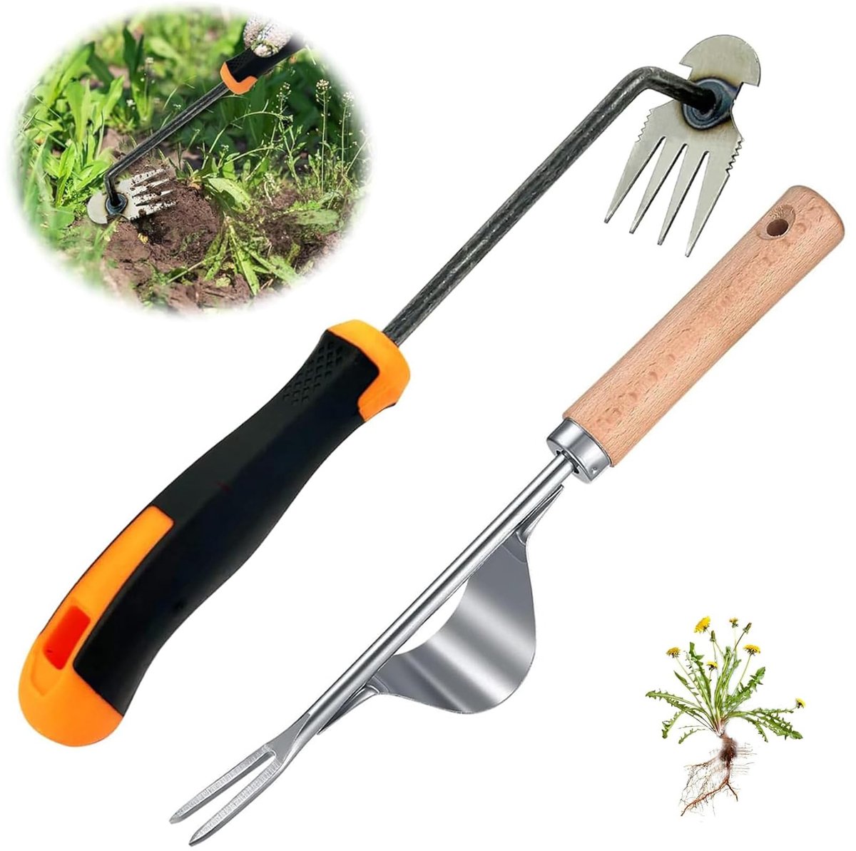 Onkruidsteker, tuingereedschap, onkruidverwijderaar, handbootapparaat voor de tuin, onkruidjager, voegenkrabber met steel, rubberen handgreep, 4 tanden