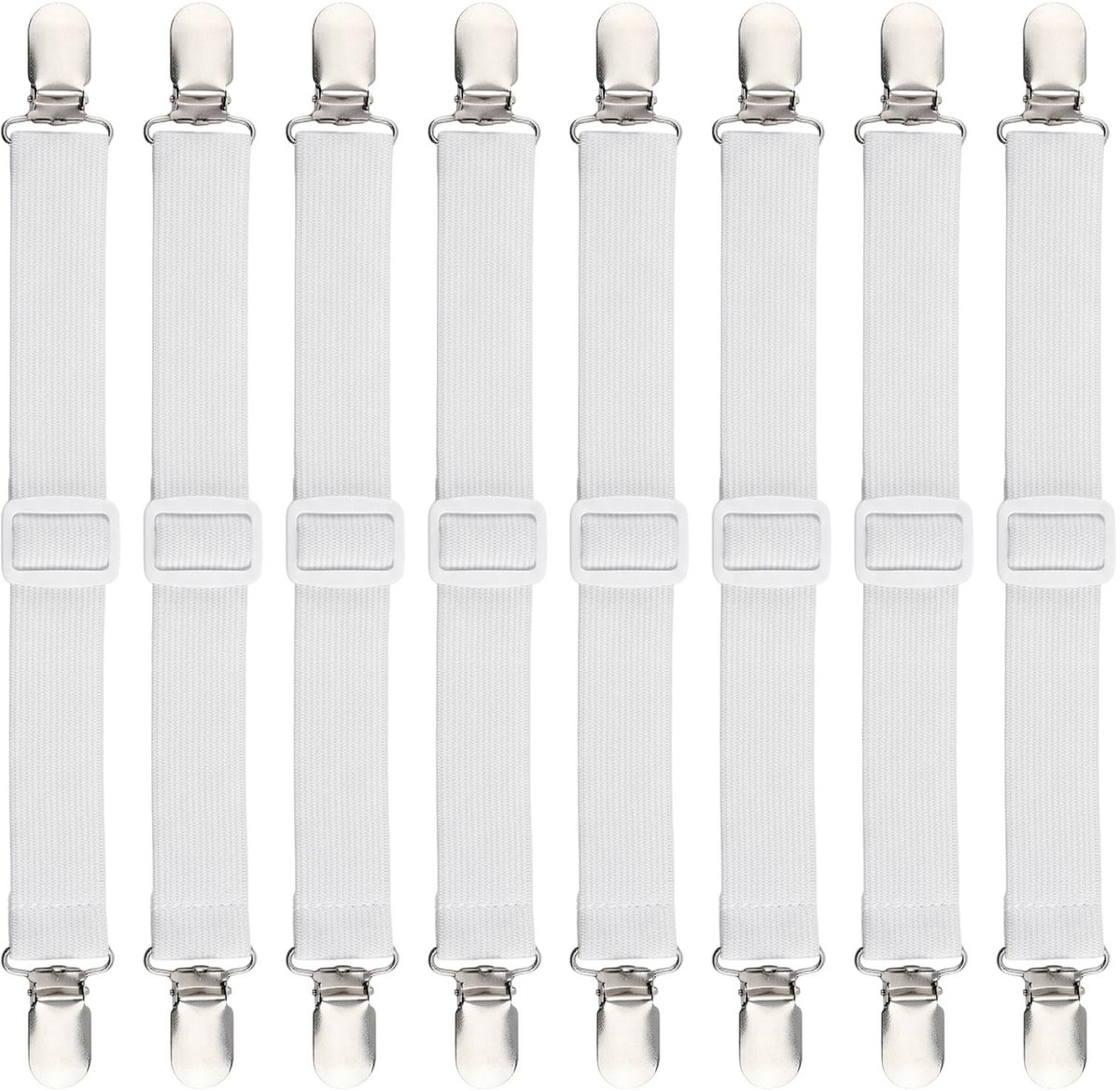 8 stuks bedlakenspanners, verstelbaar, 35-130 cm, elastische spanners met metalen clips, voor lakens, matras, bank en strijkplank, wit, praktische spanhulp voor huishouden en hotel