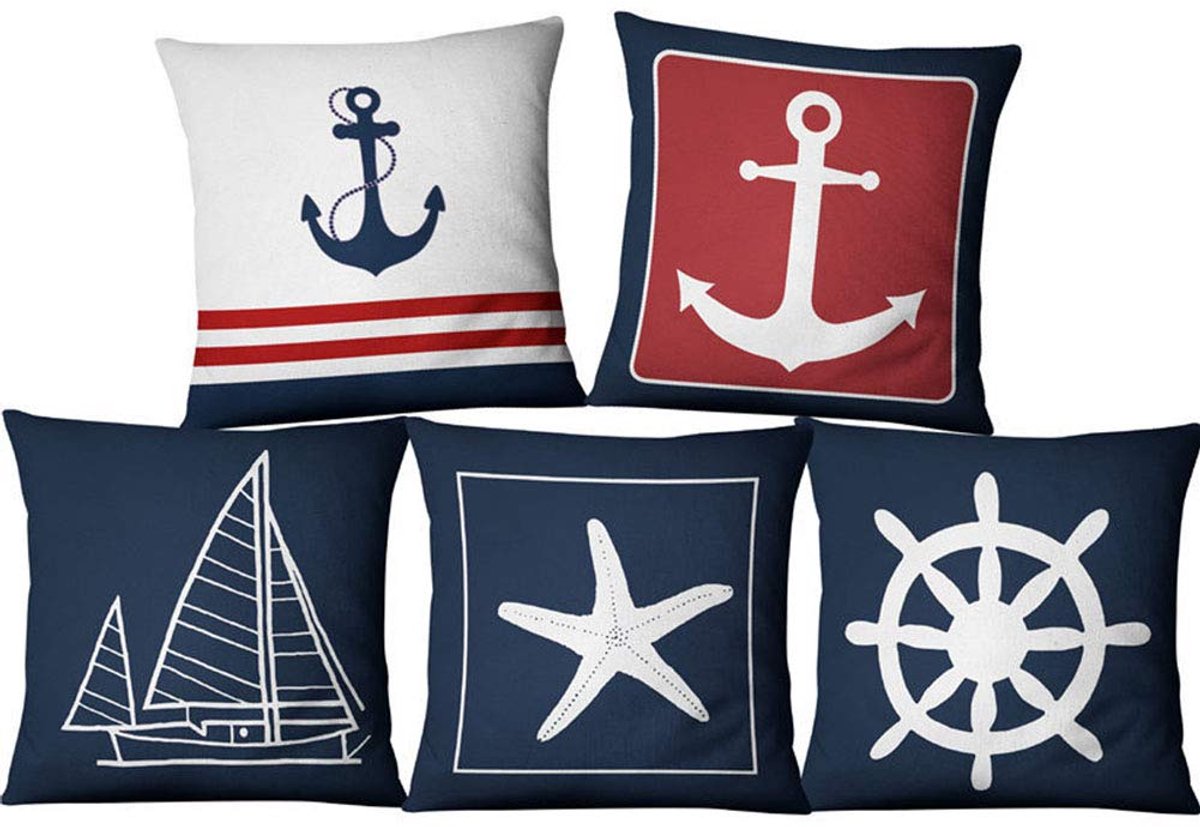 5 stks Blauw Anchor Sailor Nautische Marine Stijl Linnen Kussensloop Home Stof Sofa Mediterrane Kussen Kussensloop, 45 cm x 45 cm Kussenhoes voor Sofa Slaapkamer
