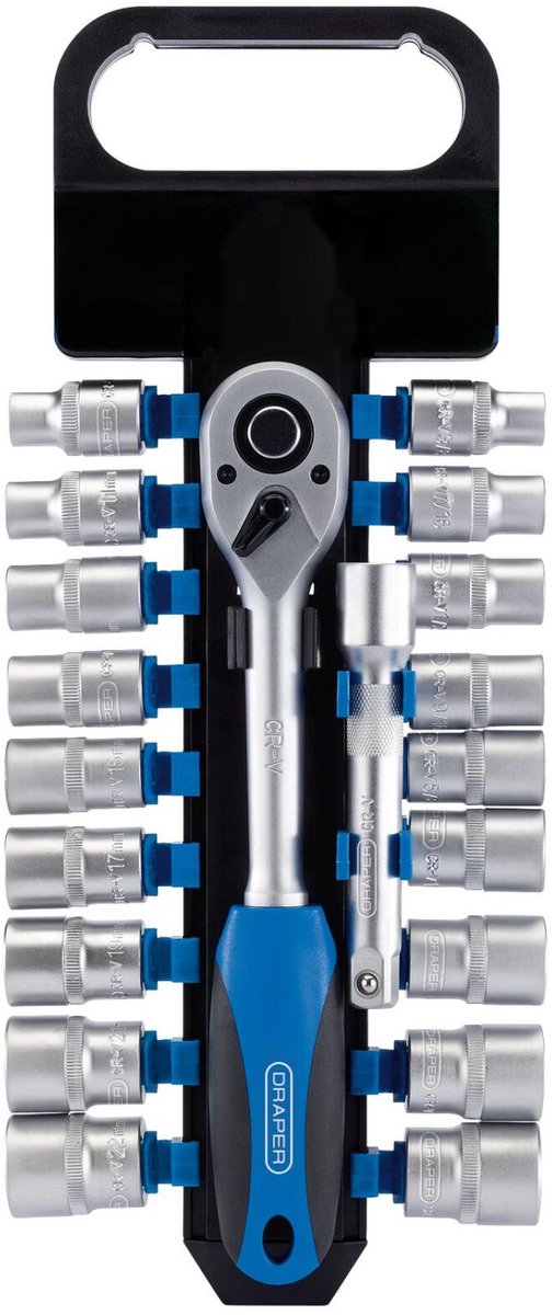 Draper 1/2” Doppenset met metrische en inch doppen, met ratel, 20-delig