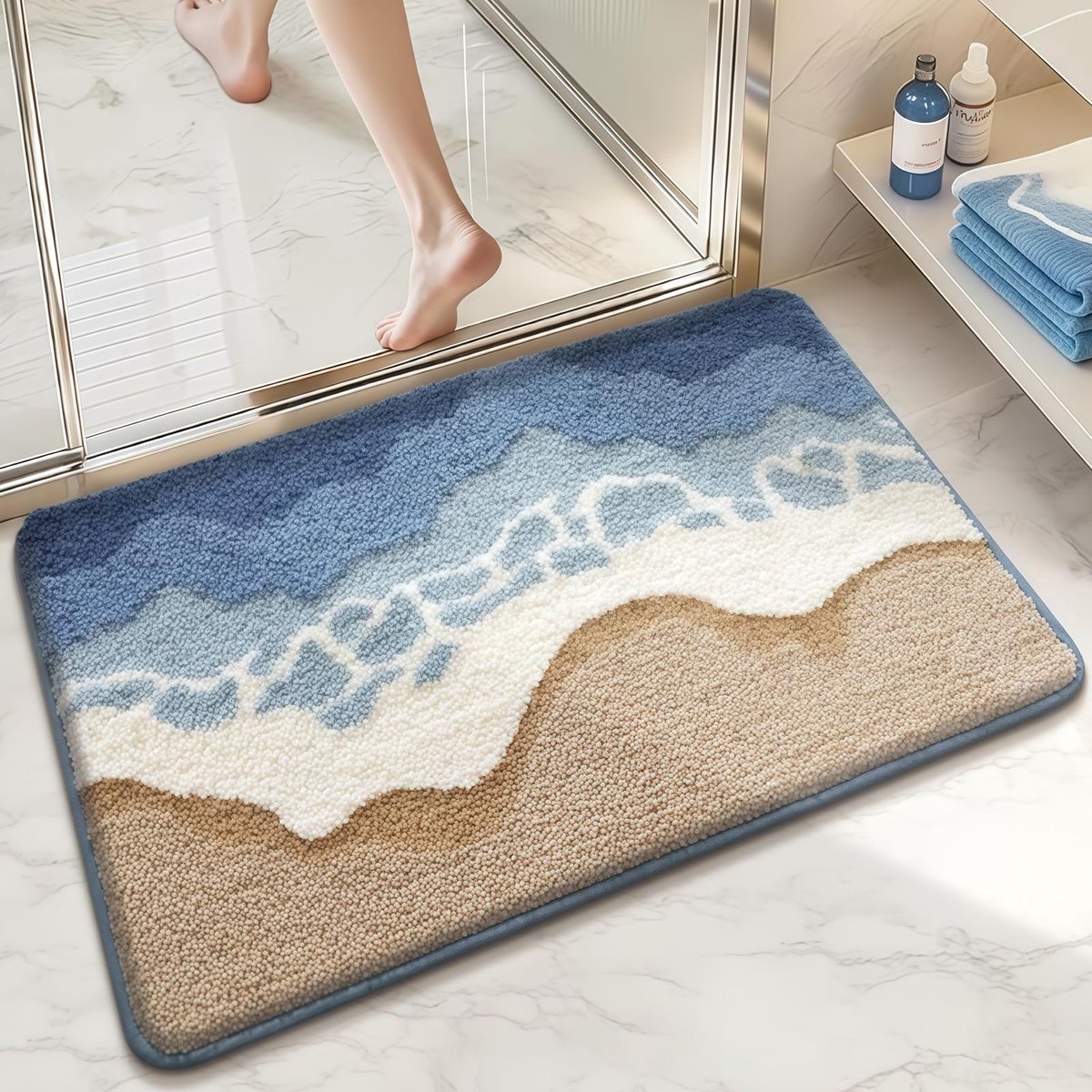 badkamerkleed, strand patroon, zacht materiaal, antislip, 50 x 80 cm, voor badkamers en douches, in bruin en blauw