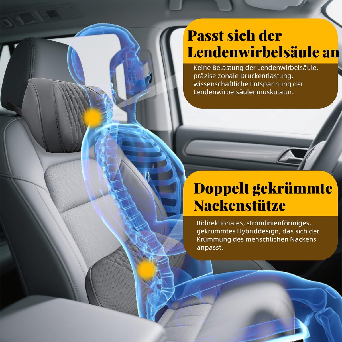 Nekkussen en lendenkussen voor in de auto, set van traagschuim, rugkussen voor de hoofdsteun, ademend, zacht en comfortabel voor het verlichten van rugpijn en lendensteun (zwart)