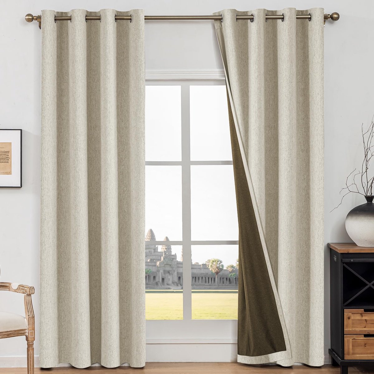 Verduisteringsgordijnen Voor Binnen, 2 Stuks, 140x225cm, Gordijnen Voor Woonkamer, Nep Linnen, Warmte-Isolerend, Geluidsisolerend Gordijn Met Ringen, Voor Slaapkamer, Kinderkamer, Donkerbeige