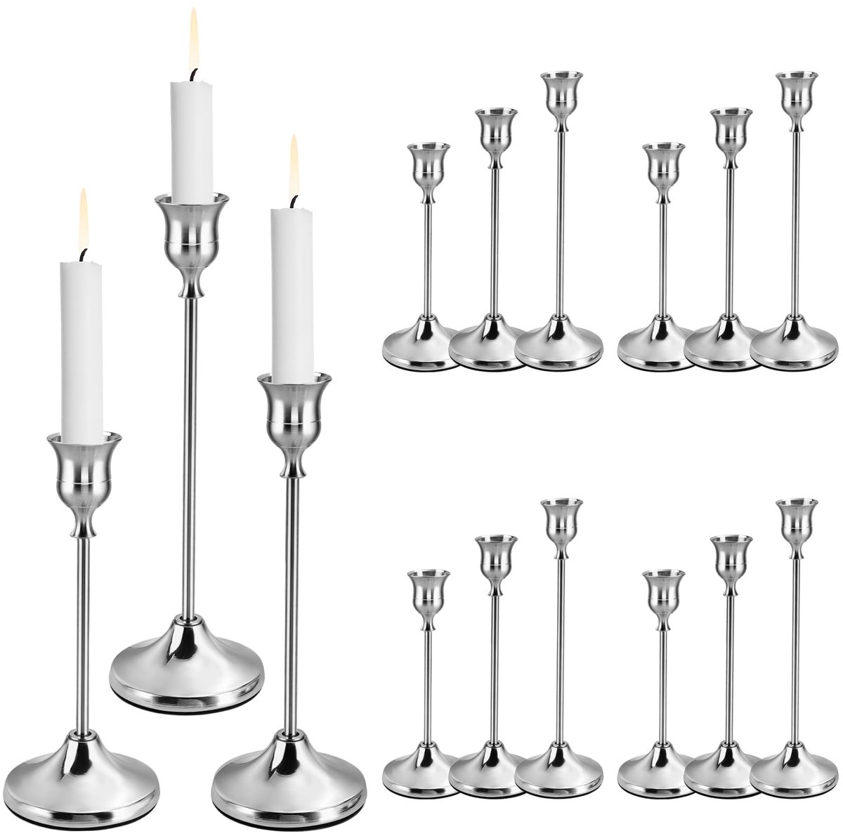 15 stuks 3 maten zilveren taps toelopende kandelaars, decoratieve kandelaar houder, metalen kandelaar, kandelaar houder set voor huisdecoratie, bruiloft, dineren, feest, jubileum