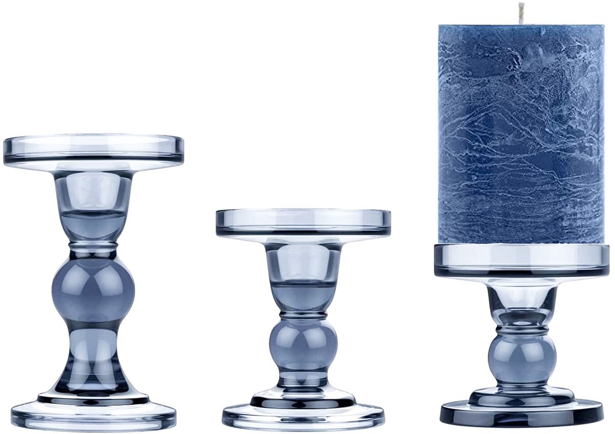 Set van 3 glazen pijler kaars houder kandelaar Taper kaars set kristal blauwe kandelaars houder voor thuis open haard tafel bad bruiloft decoratie