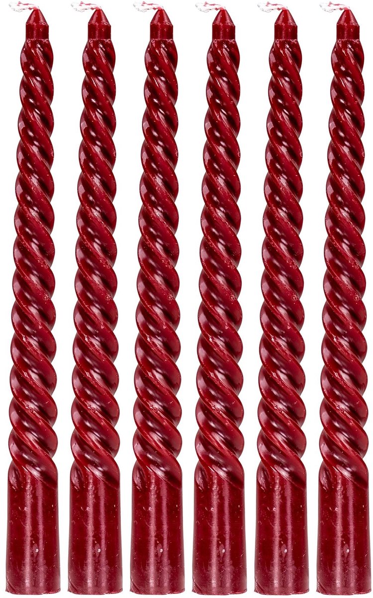 Dailygoods- Kaarsen Set van 6 - Gedraaide Tafelkaarsen - Hoogte 20 cm - Donkerrode Staafkaarsen - Brandduur 4 uur - Tafeldecoratie - Staafkaars
