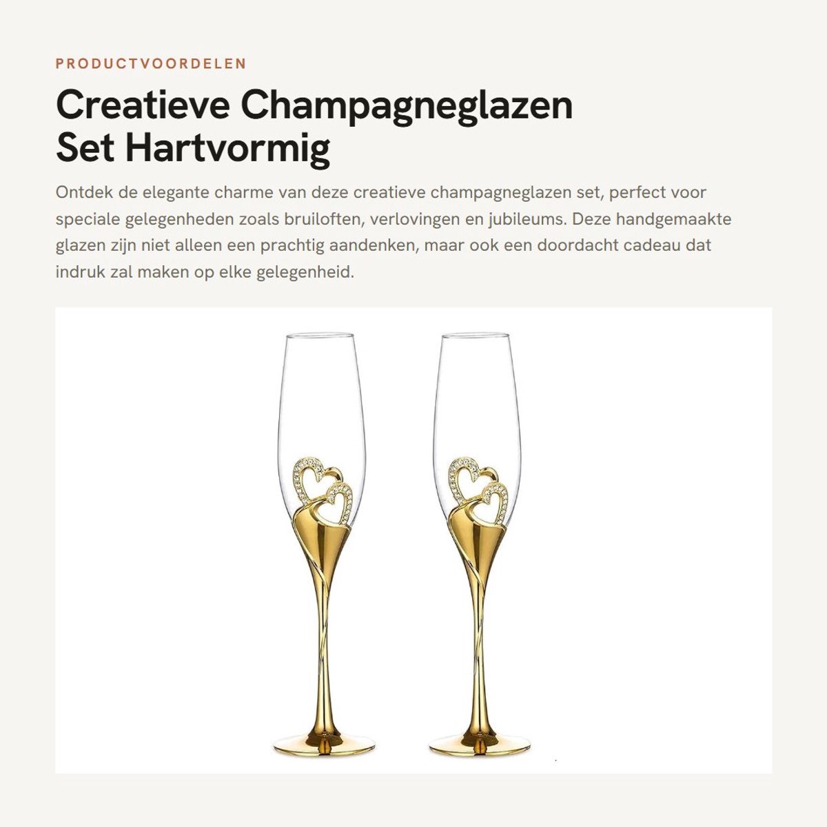 Dailygoods- Champagneglazen Set van 2 - Hartvormige Glazen - Handgemaakt Kristal - Gouden Basis - Bruiloft/Cadeau - Voedselveilig Materiaal - Fluitjes