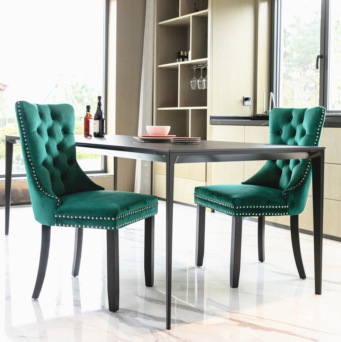 DESMIU Eetkamerstoel - 50 x 65 x 95 Cm - Set Van 2 Met Hoge Rugleuning En Armleuningen - Voor Eetkamer - Velvet En Hout - Groen