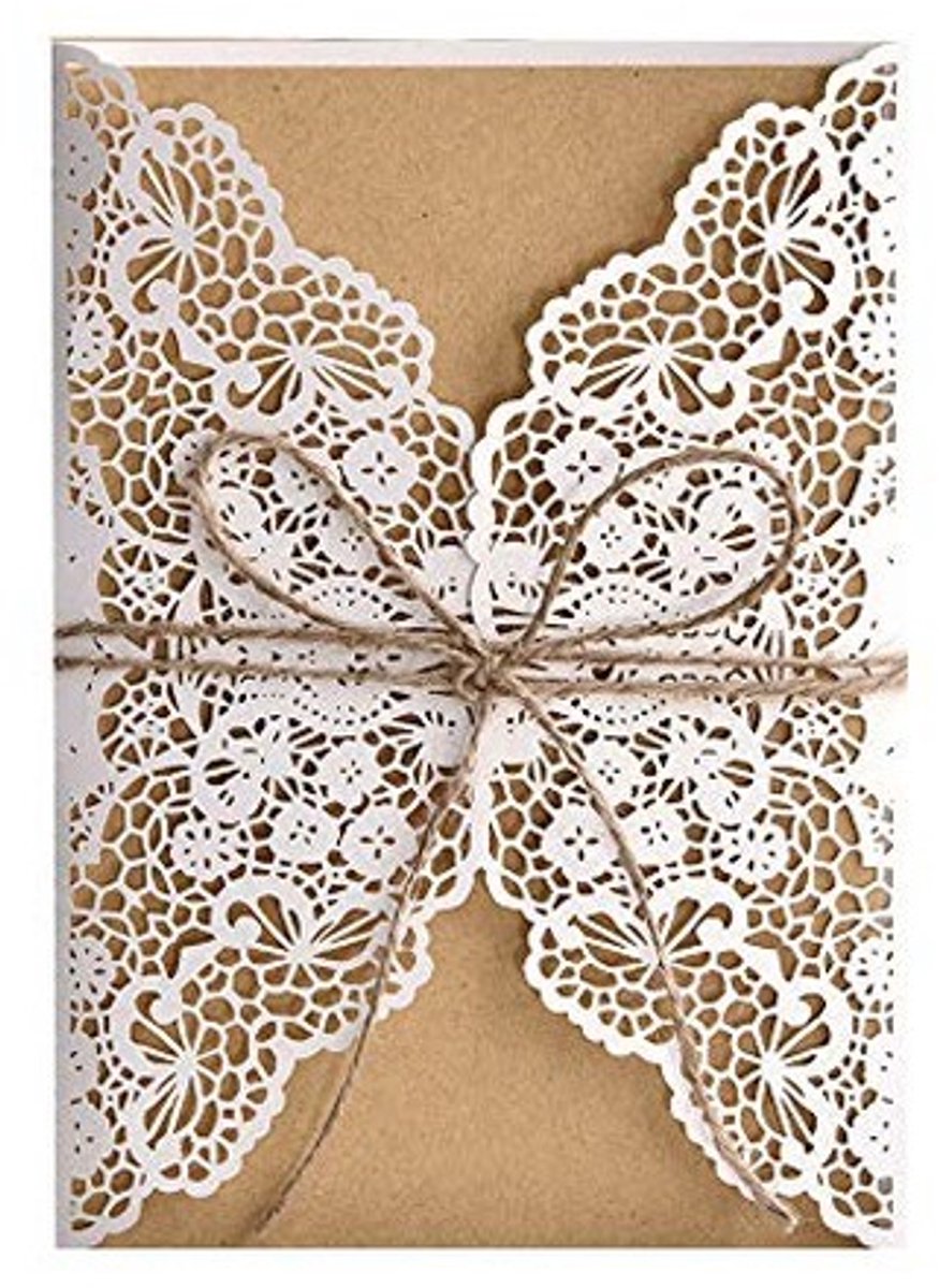 Dailygoods- Uitnodigingskaarten 25 stuks - Kraftpapier - Vintage Stijl - Bruiloft/Feest - Hol Ontwerp - Jute Touw - Feestkaarten