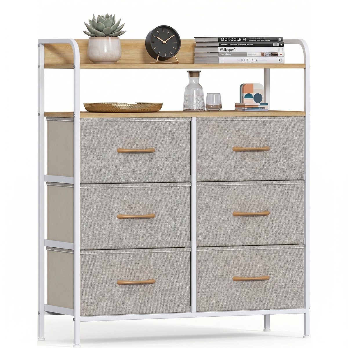 Stoffen Ladekast met 6 Laden-83x30x97cm Opbergkast-Multifunctionele Kast met Open Vak-Slaapkamer Woonkamer Opbergmeubel-Metalen Frame MDF Blad-Kaki Stoffen Ladenkast-Opbergkast