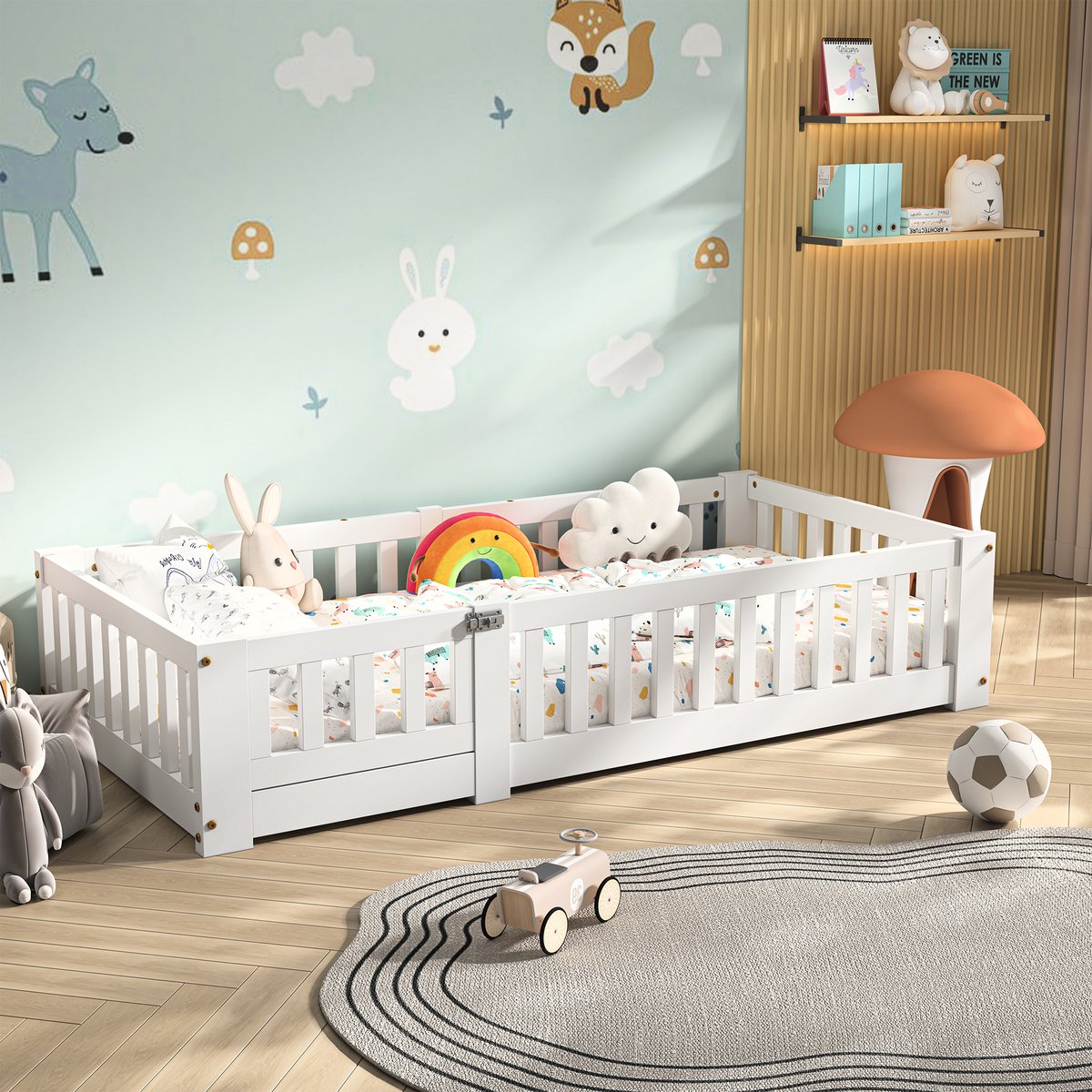 Kinderbed met Hek – Massief Houten Vloerbed met Deurtje en Lattenbodem | Montessori Stijl