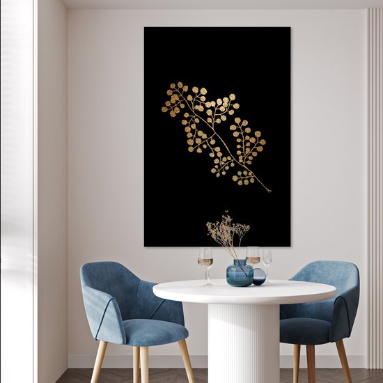 Branche à feuilles rondes dorées sur fond noir 80x120 cm