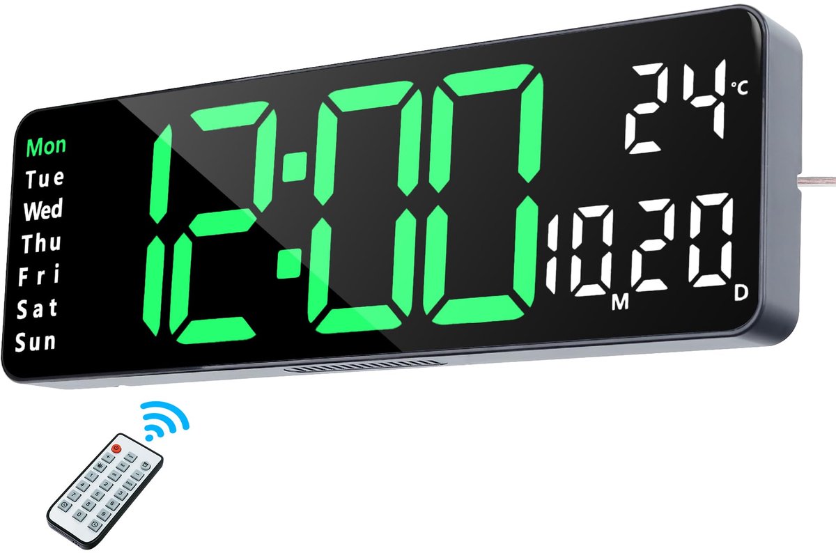 Digitale wandklok met afstandsbediening, 33 cm LED-display grote digitale klokken met instelbare helderheid, aftellen en timer, temperatuur, datum voor woonkamer thuiskantoor sportschool