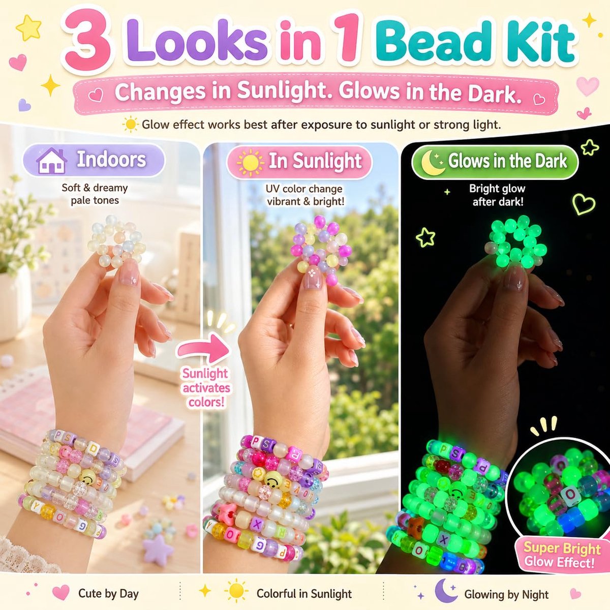 Set van 6 dozen voor het maken van armbanden, ponykralen, 6 x 9 mm, Kandi Rave en haarkralenset met uv-kleurverandering, glow-in-the-dark, chroom en alfabetletters voor