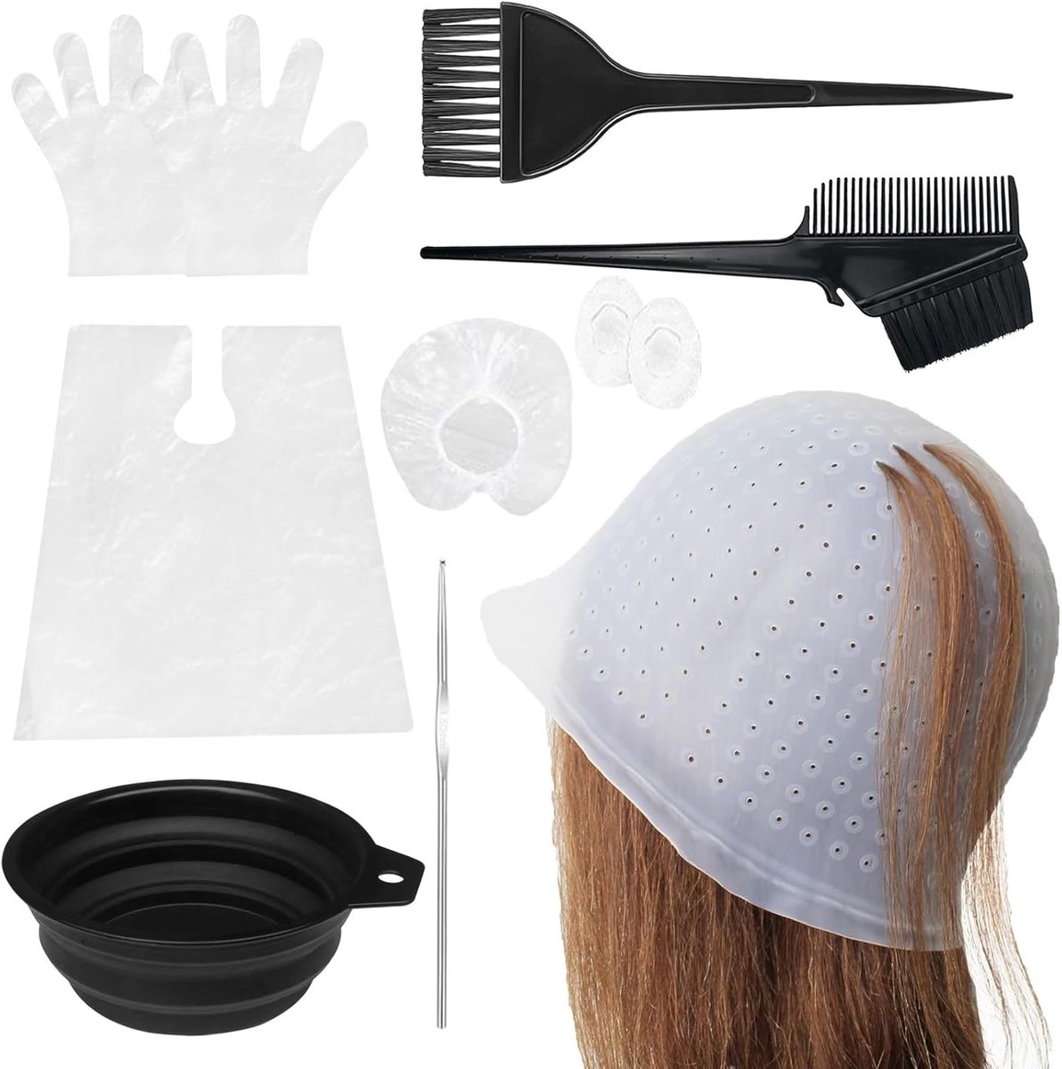 Set van 7 siliconen haarkapjes voor haarverf, ideaal voor highlights en haarkleuraccessoires voor dames en meisjes