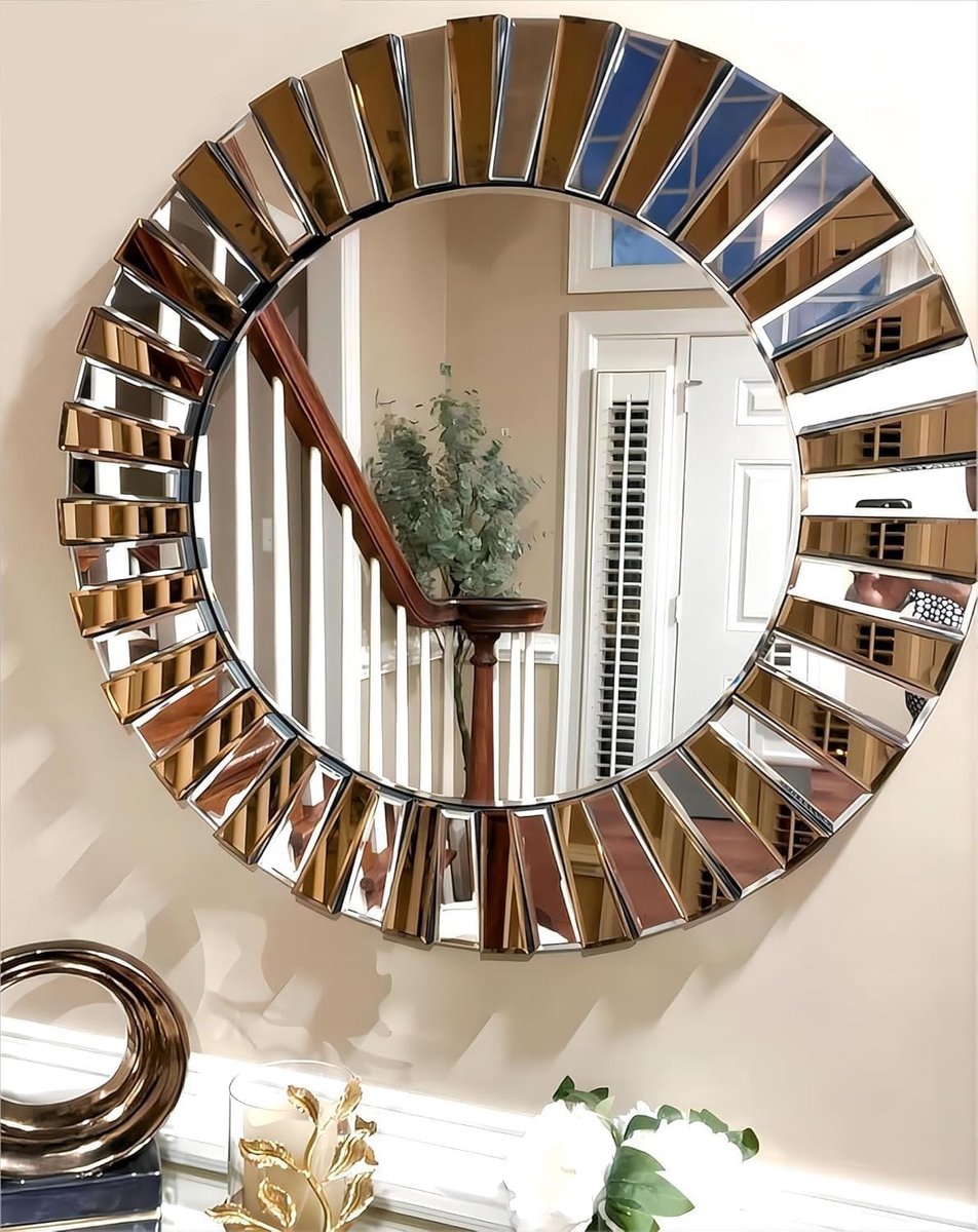 Ronde Decoratieve Wandspiegel van 80 cm met Gouden en Zilveren Accenten, Elegante 3D Design en Bevelrand voor Hal en Interieurdecoratie