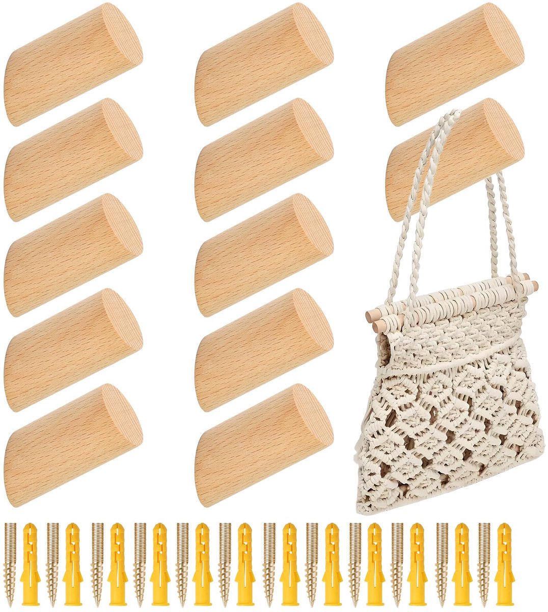Haken van hout, 6 cm, wandhaken, rond, beuken, decoratieve houten haken, met schroeven, vintage kapstokhaken voor mutsen, rugzak, sjaals, kleding