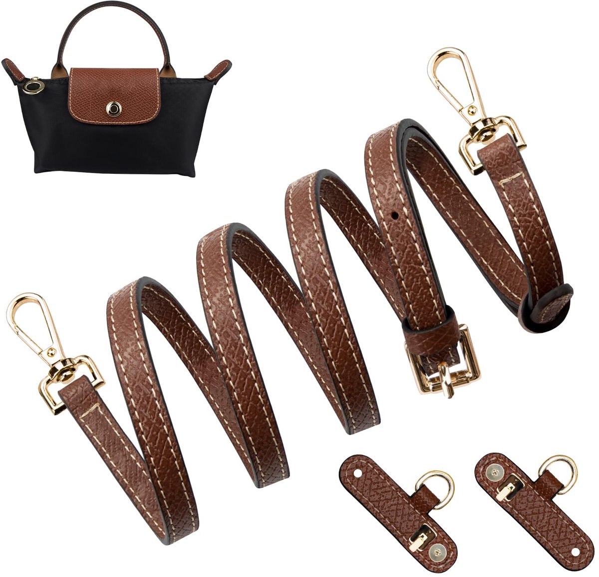 Mini Bag, Strap Kit voor Long Champ Le Pliage(Breedte:1.1cm,Bruin&Goud)