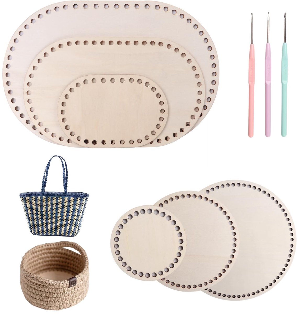 Mandbodem Om Te Haken Haakmandje Houten Basis,Houten Vloer Om Te Haken,Natuurlijke Houten Mand Met Draadhaak Voor DIY Mandenvlechten 10/15/20/25/30cm Ovaal/Rond