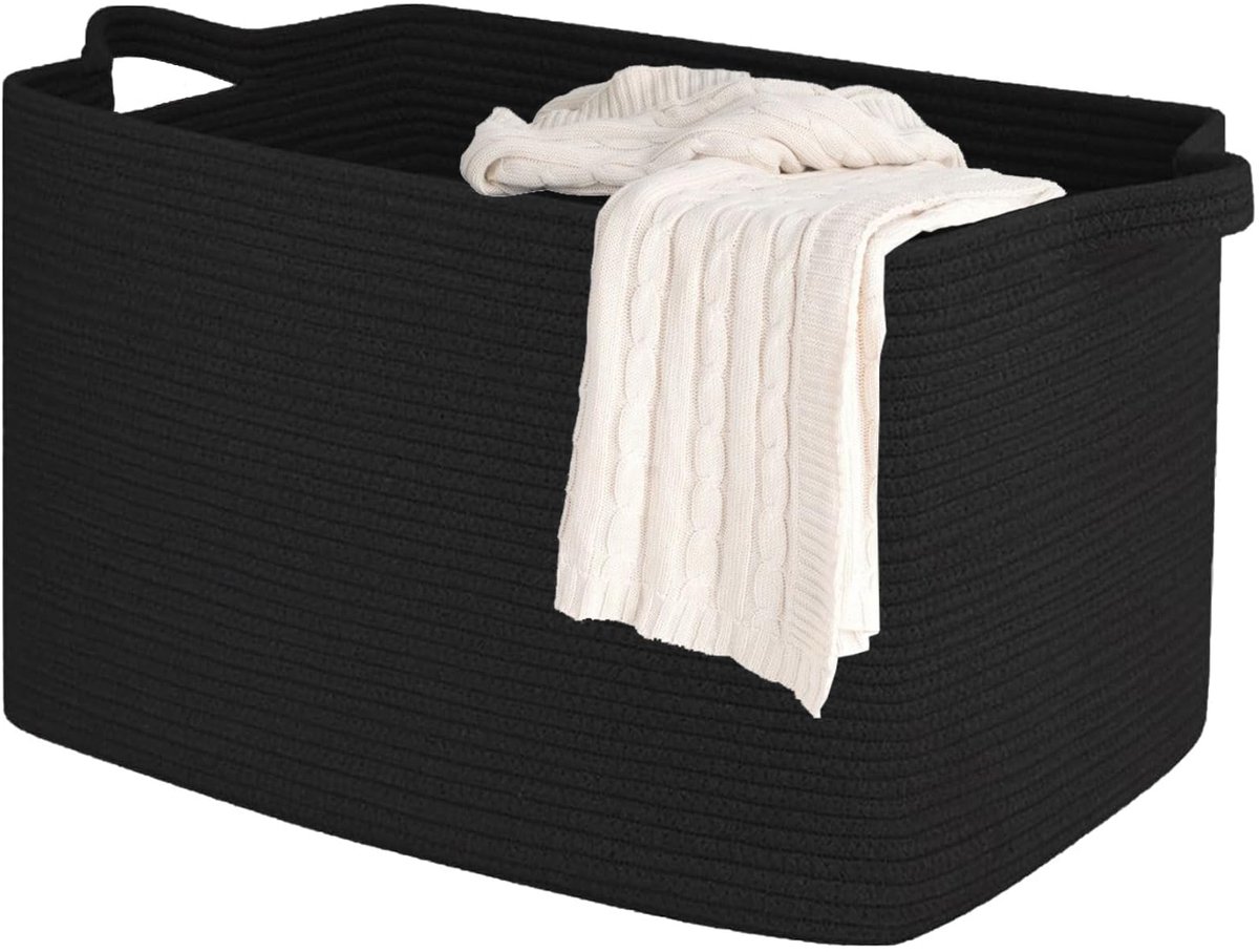 Mand vierkant (63 l, zwart), opbergmand voor kinderen met handgrepen, opbergmand, grote opvouwbare wasmand, katoenen touw voor badkamer, kinderkamer