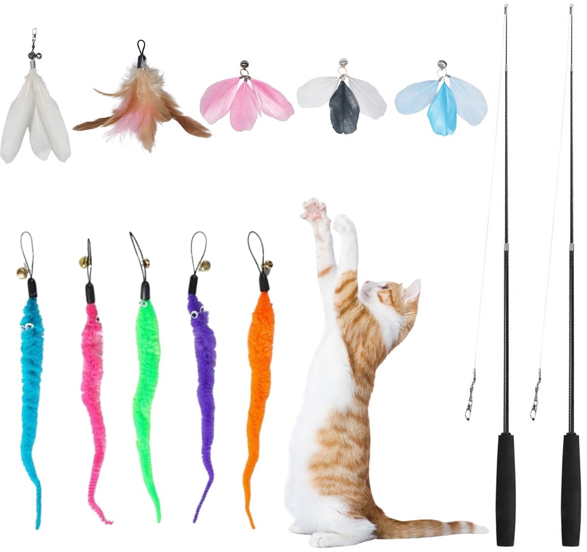 12-delig interactief kattenspeelgoed, veerspeelgoed voor katten, 2 intrekbare hengelspellen, 10 navullingen met bel, interactieve spelletjes voor binnen, kittens, stimuleert het jachtinstinct