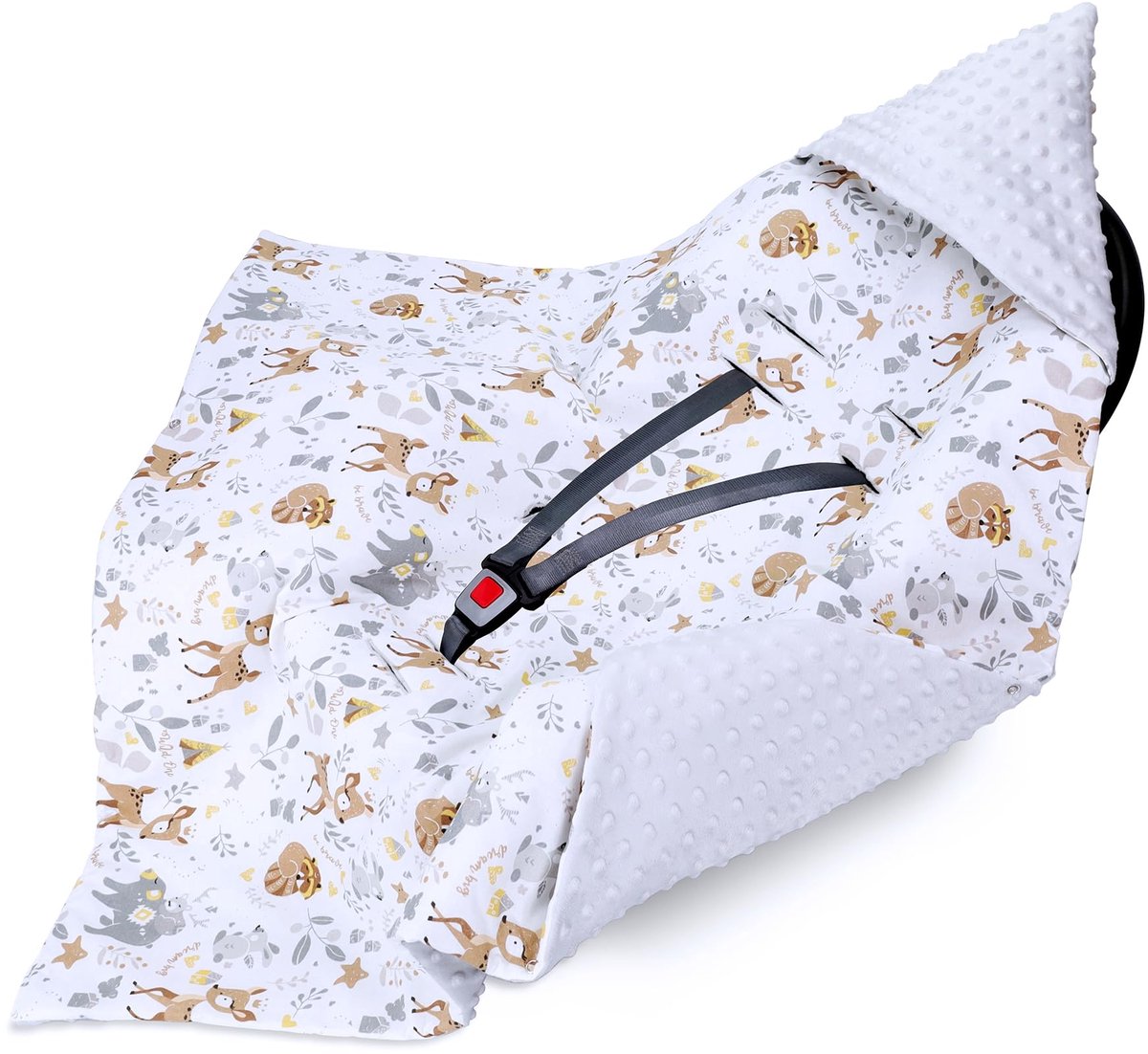 Inbakerdeken voor autostoel en kinderwagen – zachte Minky babydeken dubbelzijdig met capuchon voor pasgeborenen – lente-herfst bruikbaar onderweg en thuis 90×90 cm Hert lichtgrijs Oeko-Tex